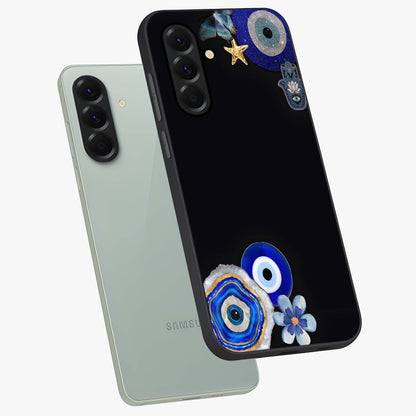 Aesthetic Blue Evil Eye Glass Case displayed in angled mockup highlighting blue evil eye symbol and spiritual aesthetic design.