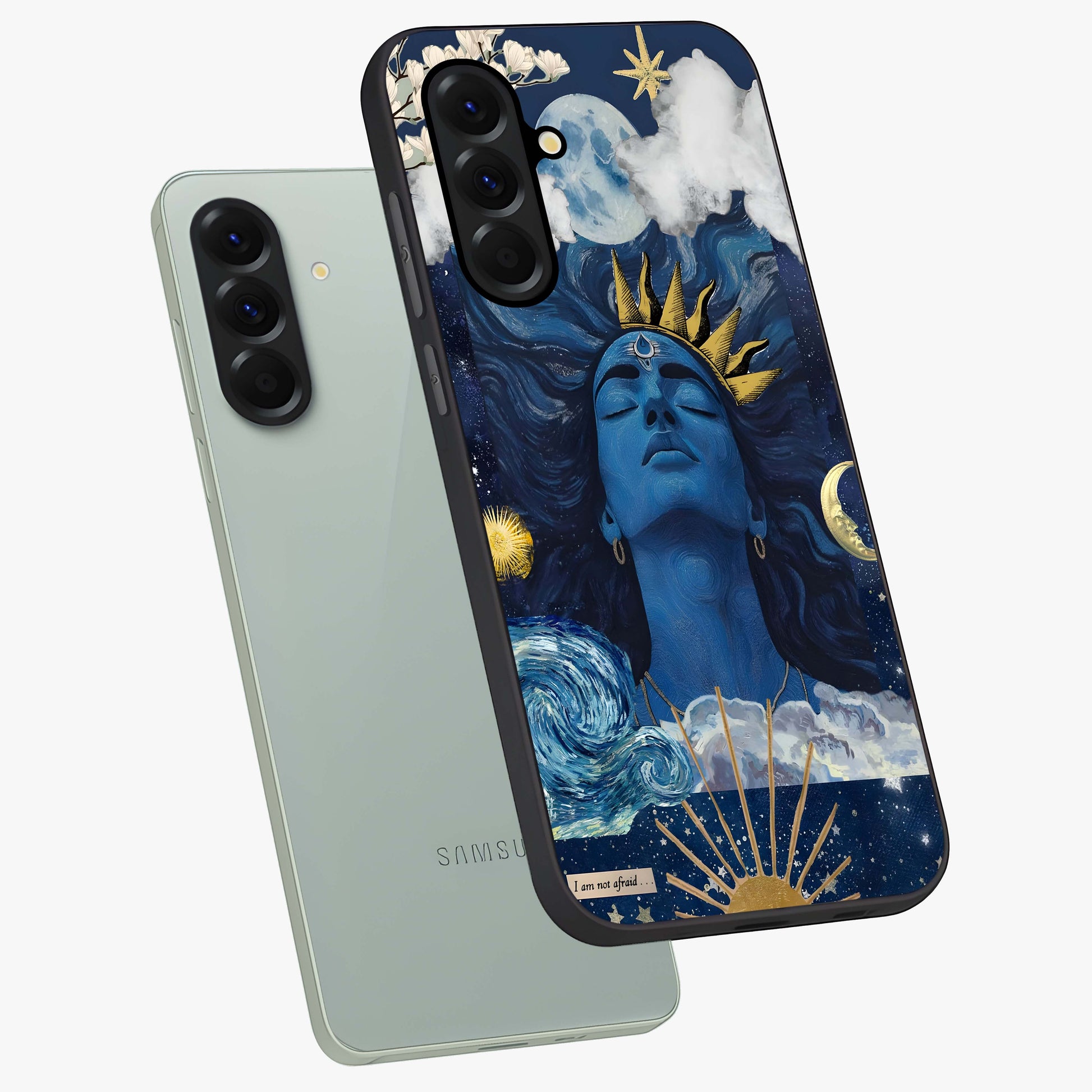 Aesthetic Lord Shiva Glass Case displayed in angled mockup highlighting spiritual Shiva illustration and sacred aesthetic design.