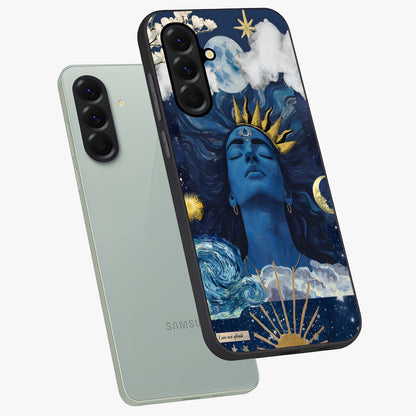 Aesthetic Lord Shiva Glass Case displayed in angled mockup highlighting spiritual Shiva illustration and sacred aesthetic design.