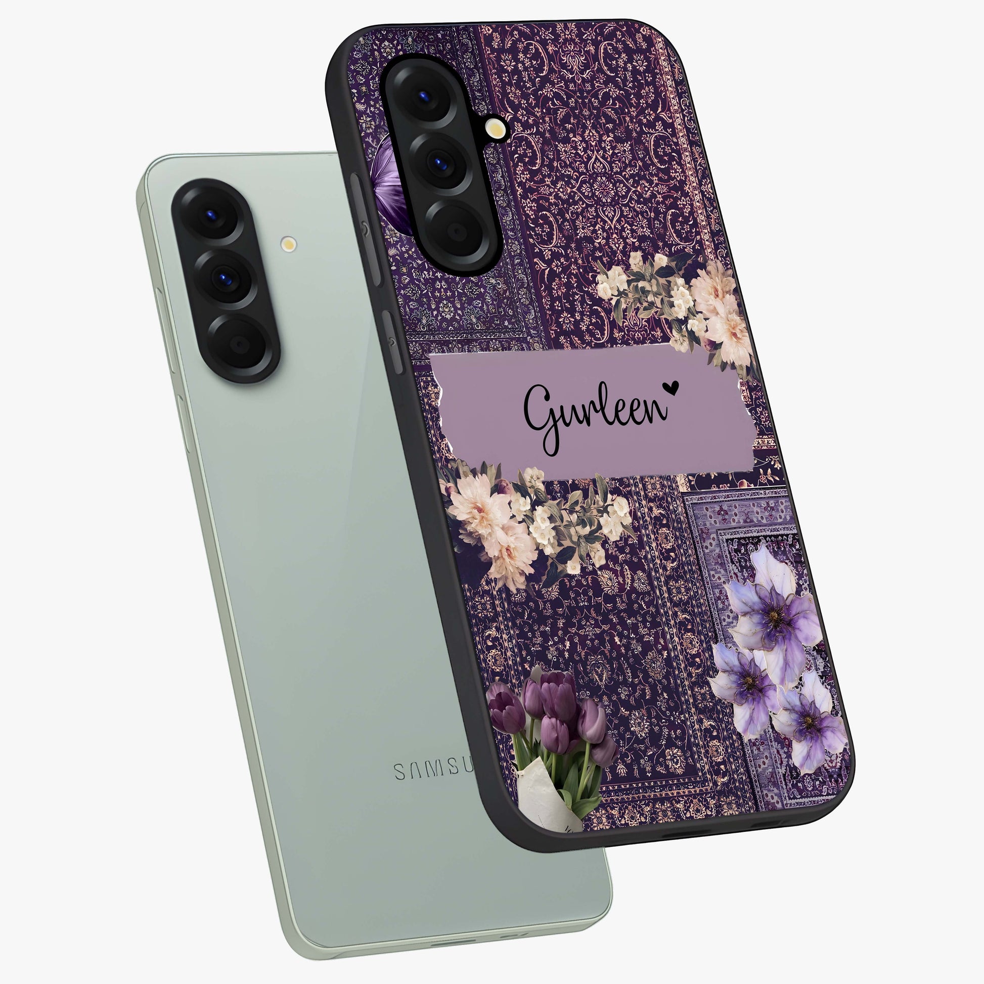 Antique Floral Whisper Custom Name Glass Case displayed in angled mockup highlighting elegant antique floral aesthetic.