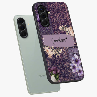 Antique Floral Whisper Custom Name Glass Case displayed in angled mockup highlighting elegant antique floral aesthetic.