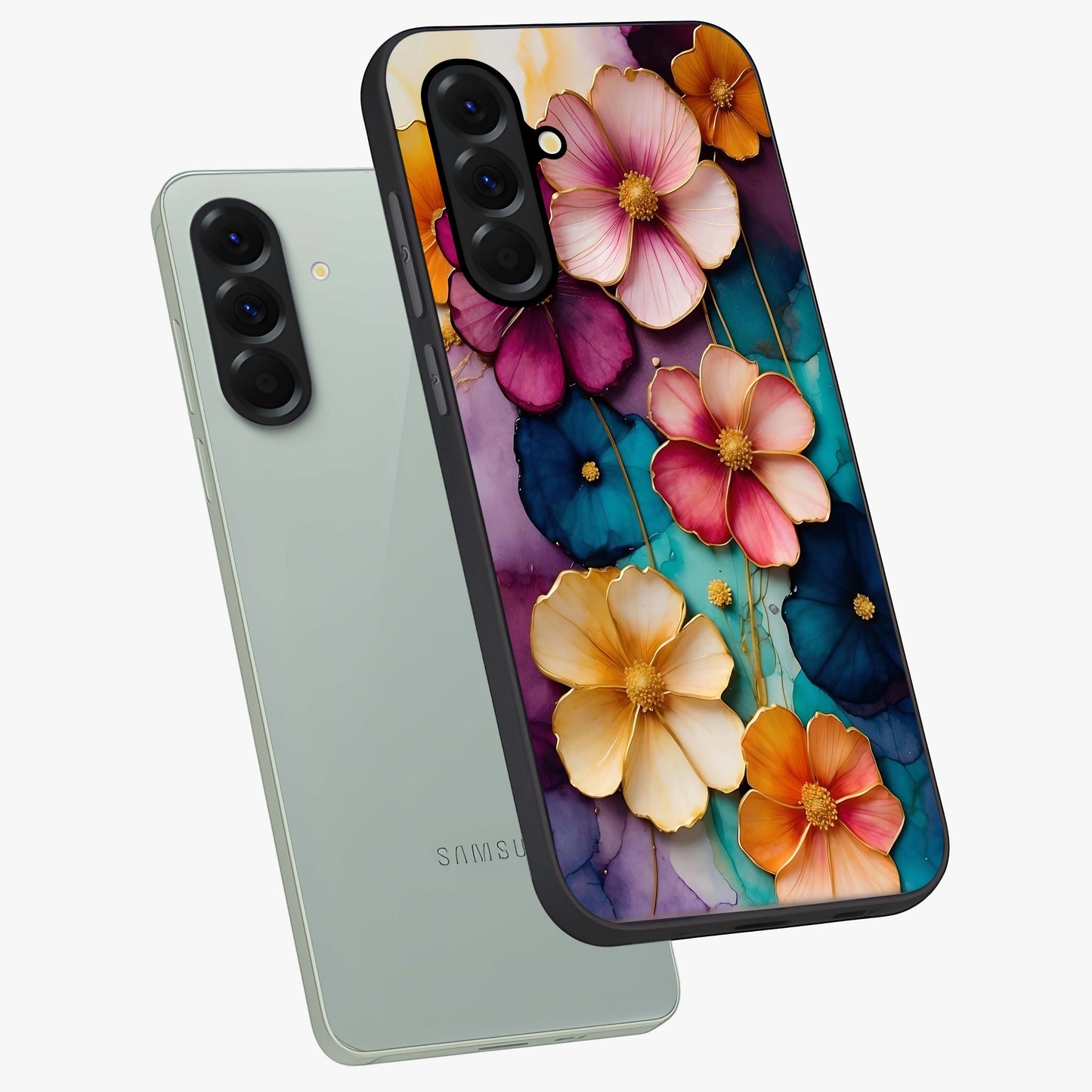 Artlyn Grace Flower Pattern Glass Case displayed in angled mockup highlighting delicate flower pattern design and smooth glass surface.