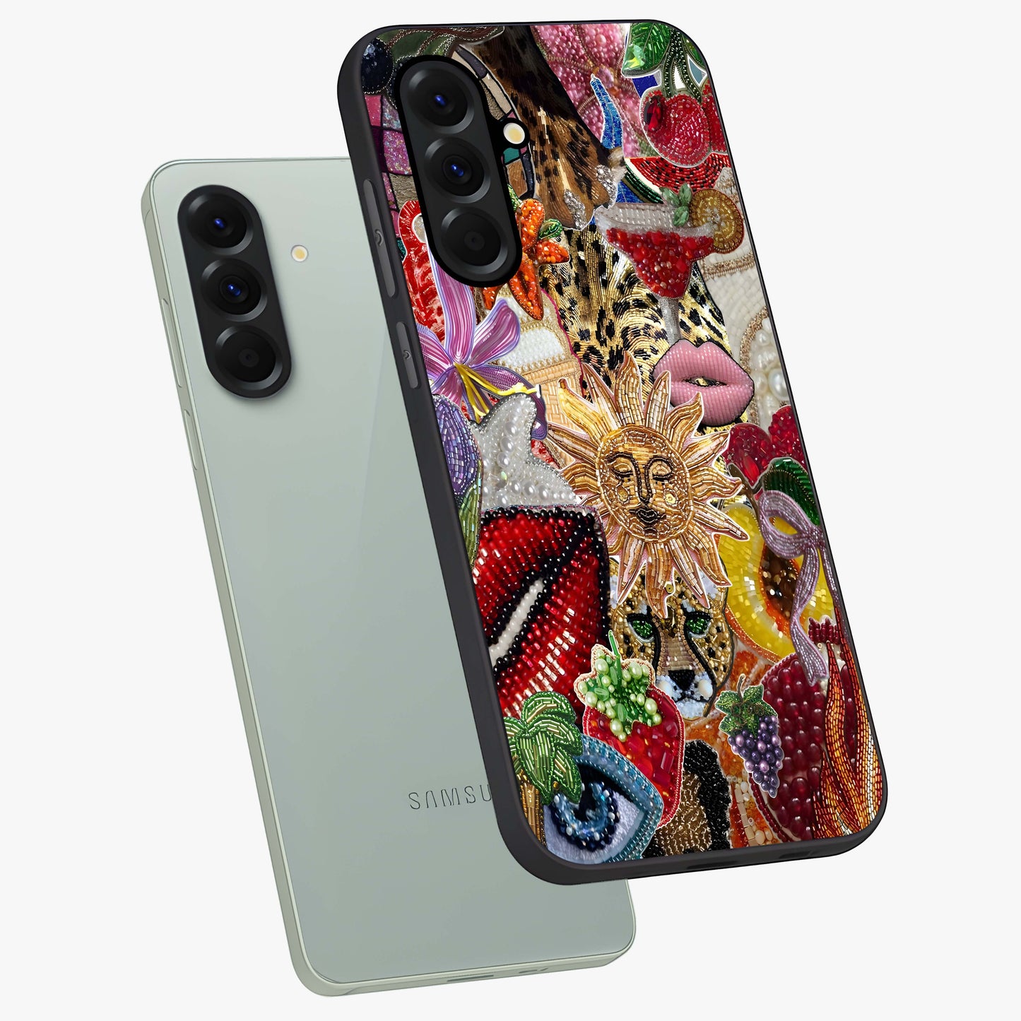 Beaded Fashion Jungle Glass Case displayed in angled mockup highlighting colorful fashion bead design and artistic pattern.