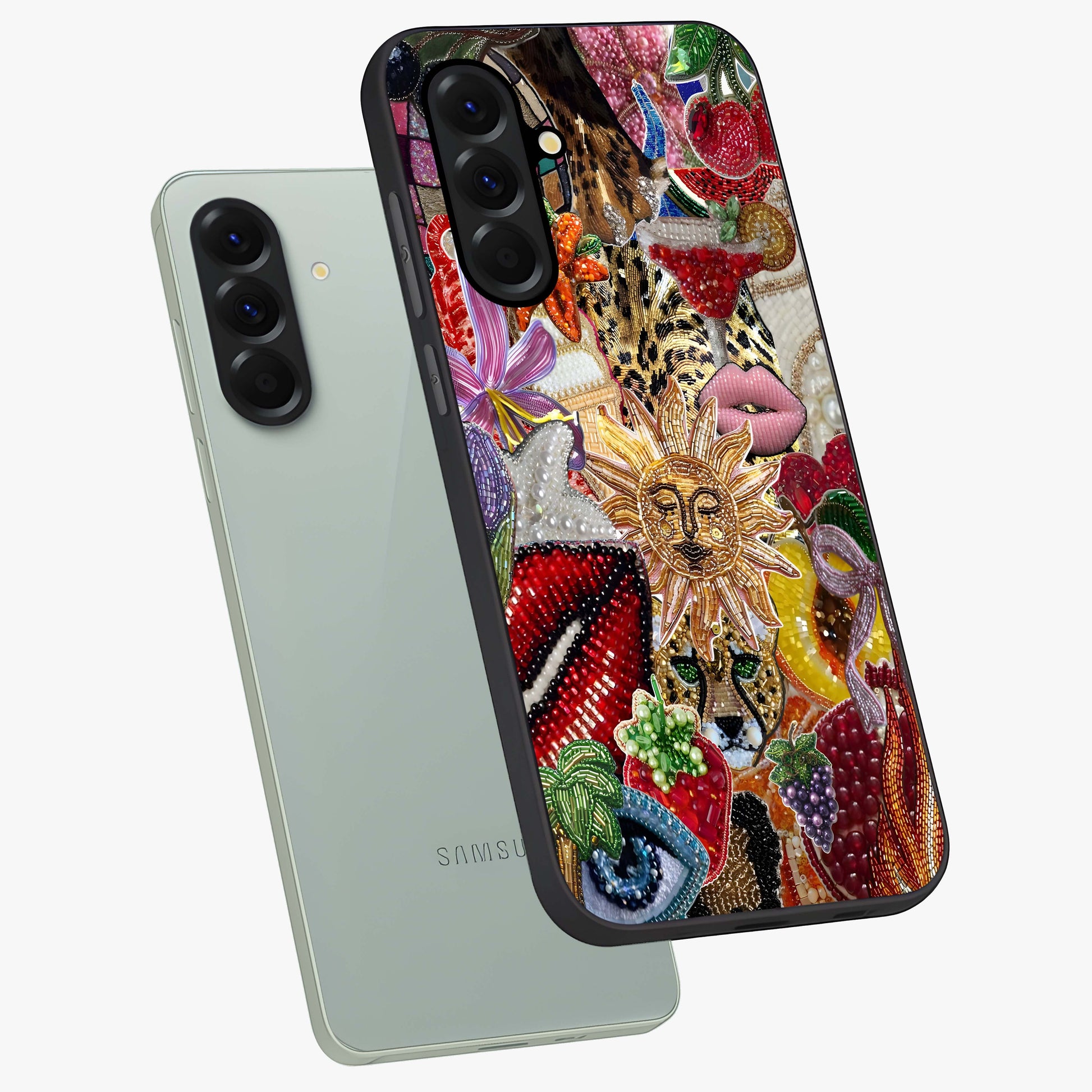 Beaded Fashion Jungle Glass Case displayed in angled mockup highlighting colorful fashion bead design and artistic pattern.