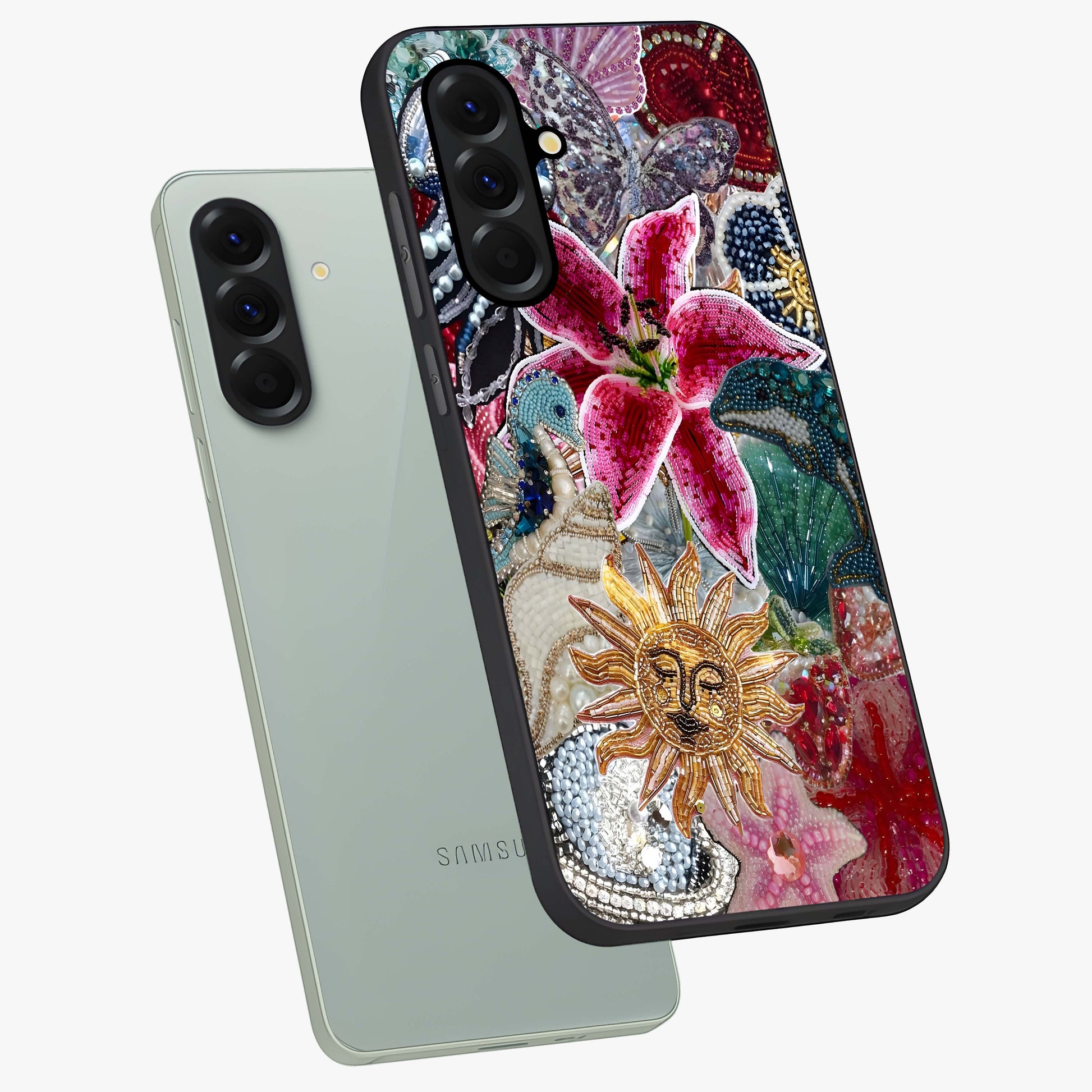 Beaded Garden Fantasy Glass Case displayed in angled mockup highlighting fantasy inspired floral bead pattern.