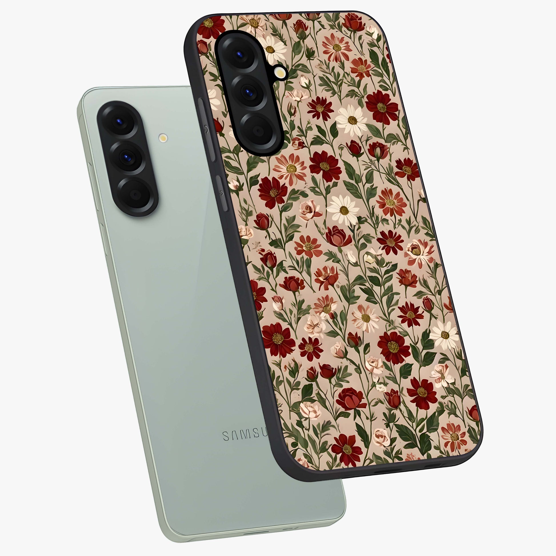 Biege Flower With Leaf Glass Case displayed in angled mockup highlighting minimal floral leaf design and elegant aesthetic.
