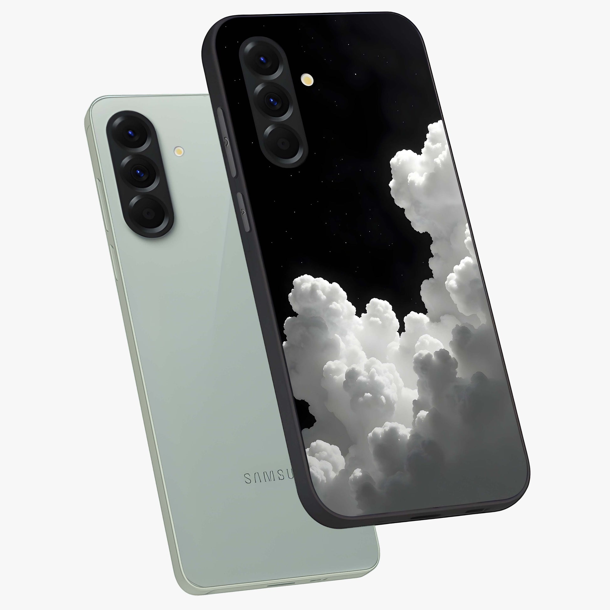 Black Background With White Cloud Glass Case displayed in angled mockup highlighting soft white cloud illustration and minimal design.