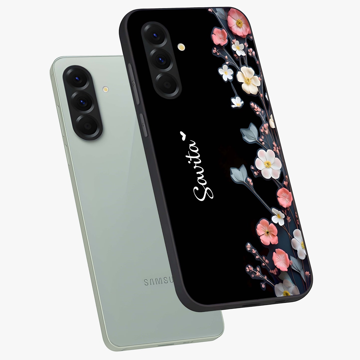 Black Elegance Floral Custom Name Glass Case displayed in angled mockup highlighting dark floral aesthetic and custom name feature.
