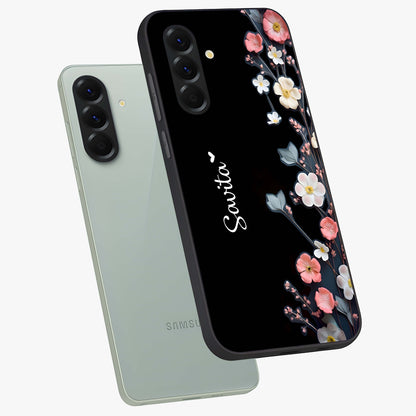 Black Elegance Floral Custom Name Glass Case displayed in angled mockup highlighting dark floral aesthetic and custom name feature.