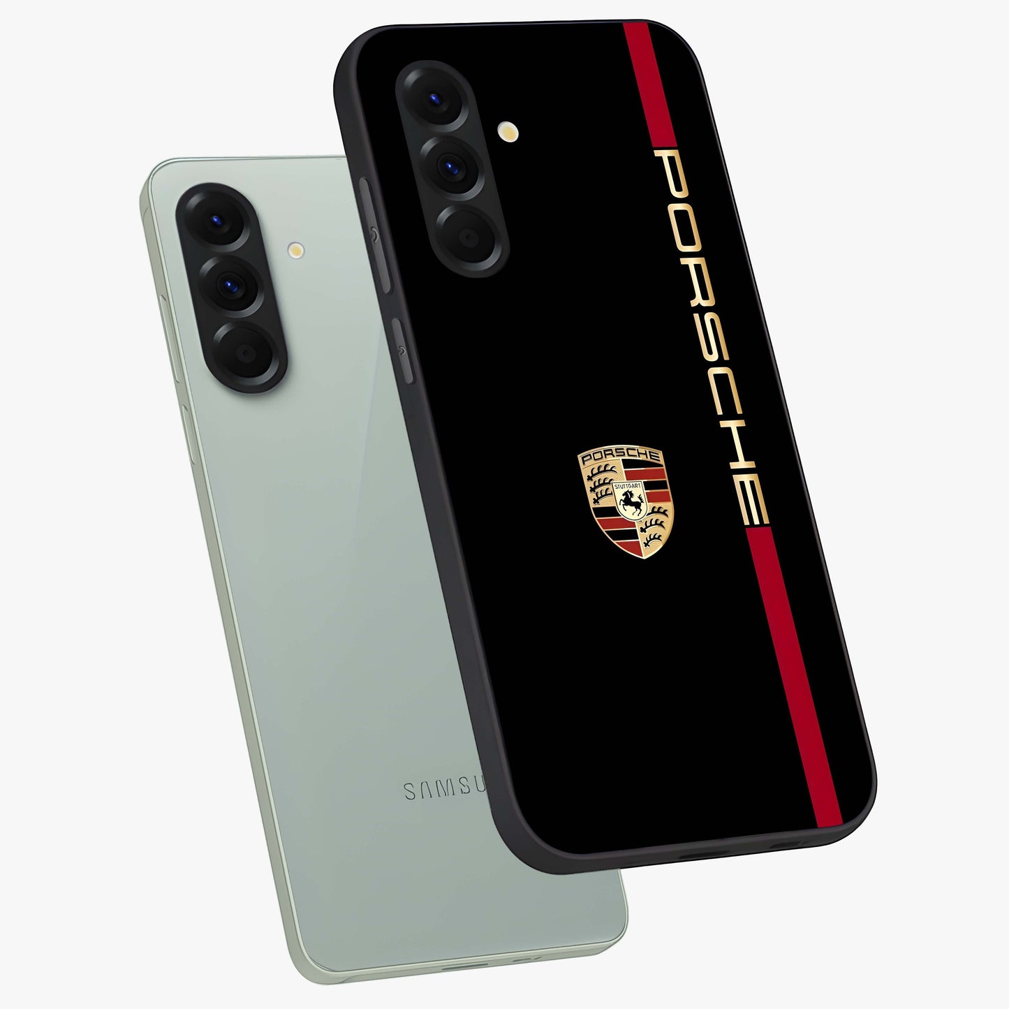 Black Minimal Porsche Glass Case displayed in angled mockup highlighting modern minimal car illustration and clean aesthetic design.