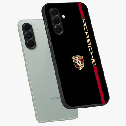 Black Minimal Porsche Glass Case displayed in angled mockup highlighting modern minimal car illustration and clean aesthetic design.