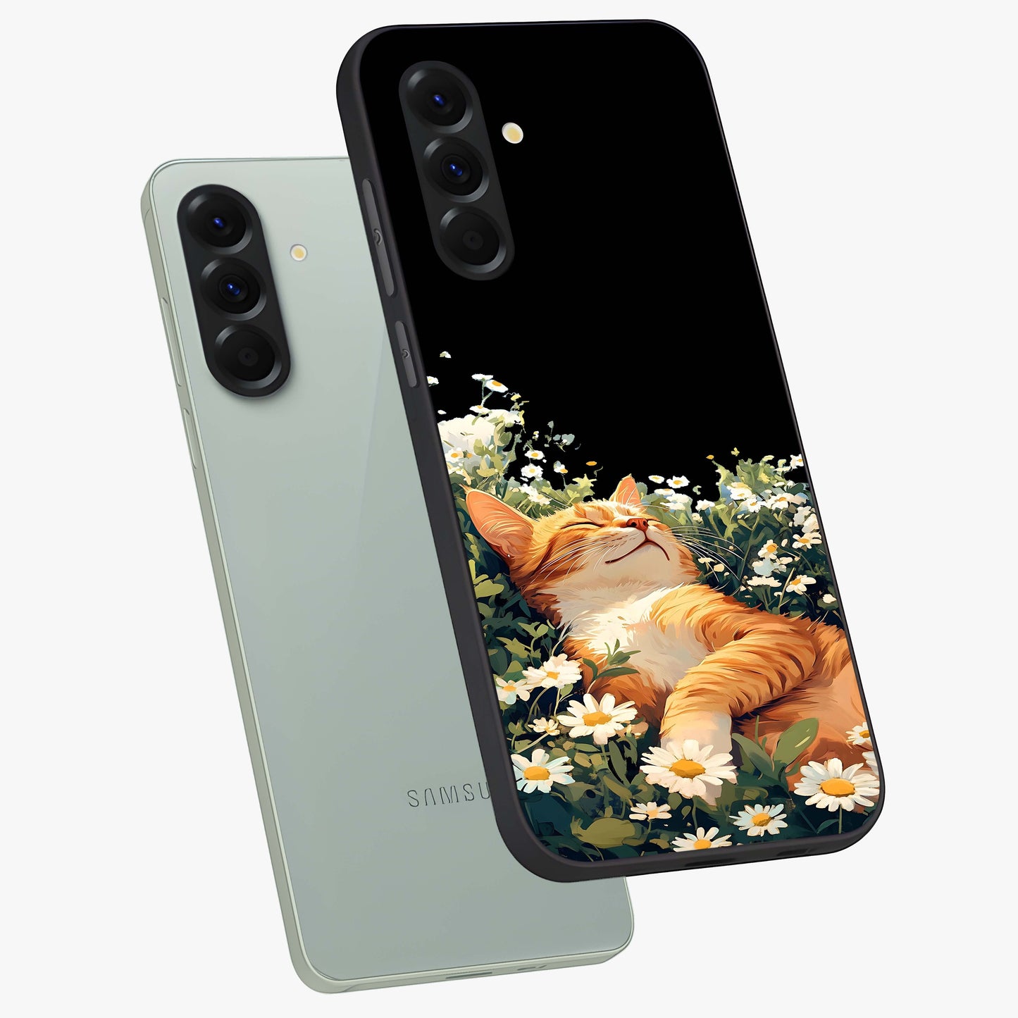 Blissful Bloom Cat Glass Case displayed in angled mockup highlighting playful feline illustration with soft floral aesthetic.