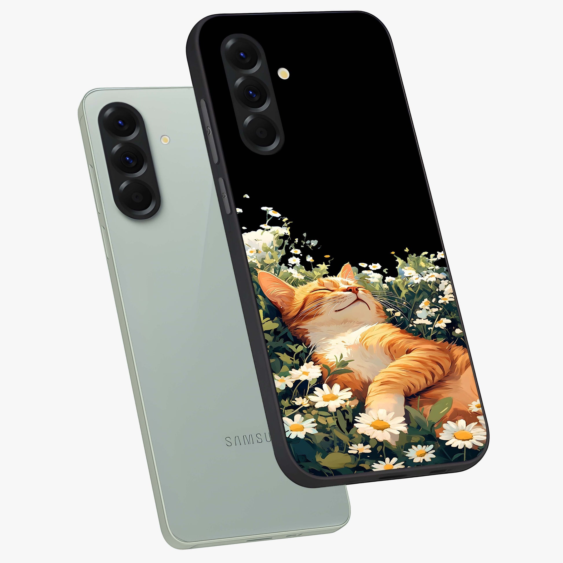 Blissful Bloom Cat Glass Case displayed in angled mockup highlighting playful feline illustration with soft floral aesthetic.