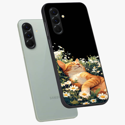 Blissful Bloom Cat Glass Case displayed in angled mockup highlighting playful feline illustration with soft floral aesthetic.