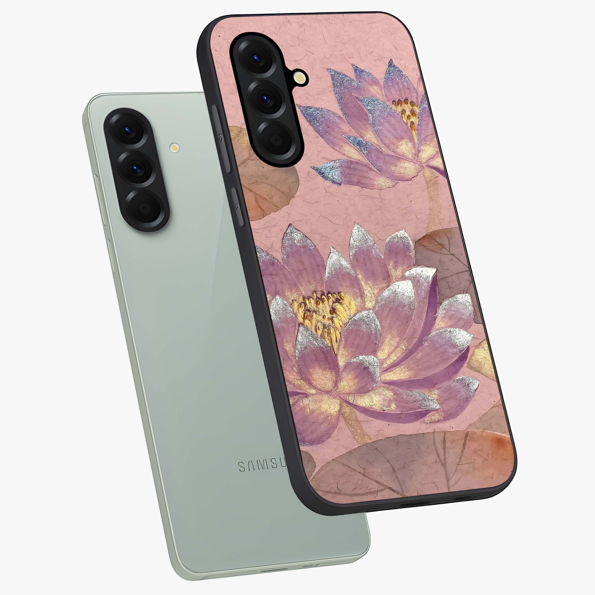 Blossom Mist Lotus Glass Case displayed in angled mockup highlighting delicate lotus illustration with calm aesthetic theme.
