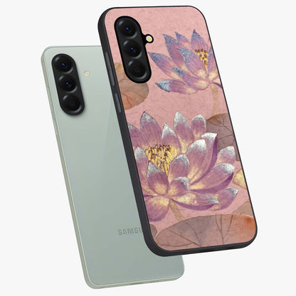 Blossom Mist Lotus Glass Case displayed in angled mockup highlighting delicate lotus illustration with calm aesthetic theme.
