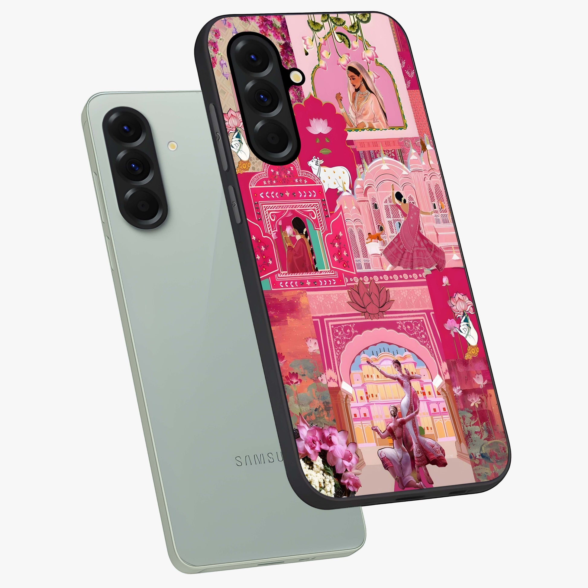 Blossoms of Rajasthan Glass Case displayed in angled mockup highlighting vibrant floral pattern with cultural aesthetic style.