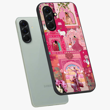 Blossoms of Rajasthan Glass Case displayed in angled mockup highlighting vibrant floral pattern with cultural aesthetic style.