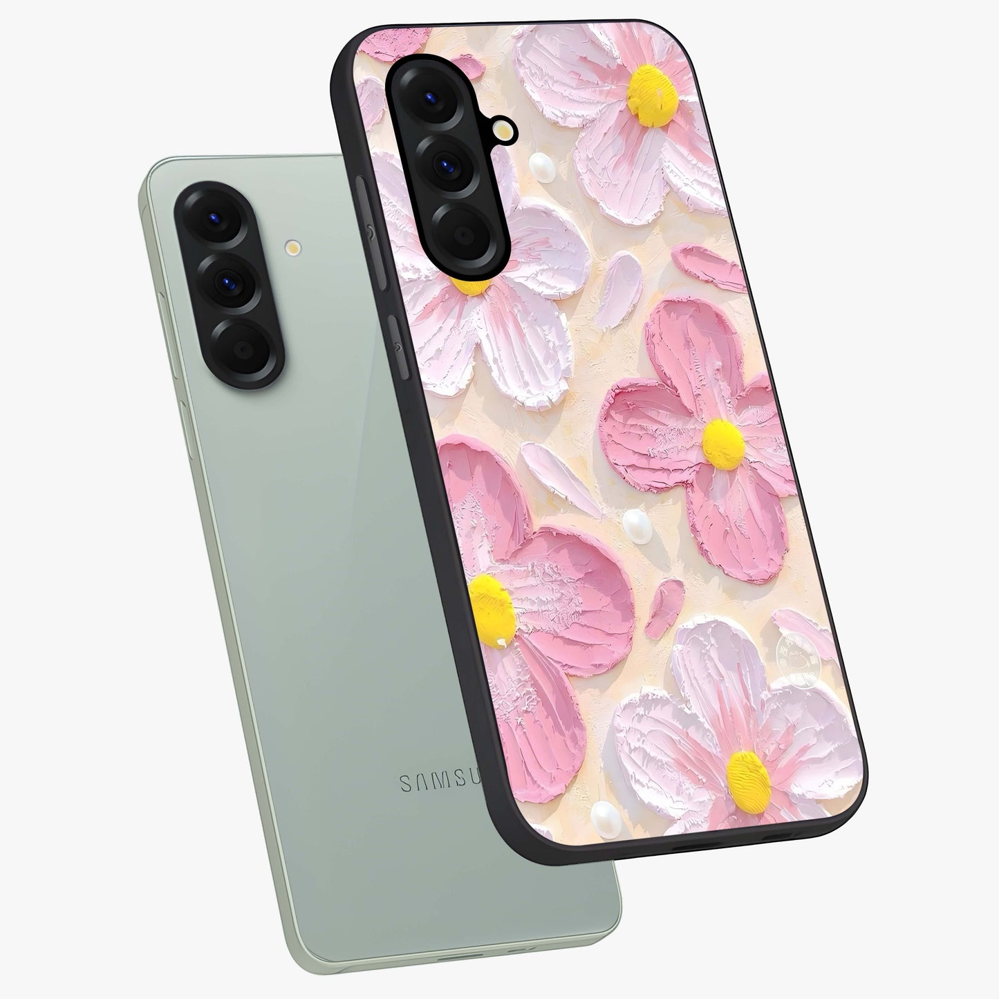 Blush Bloom Texture Glass Case displayed in angled mockup highlighting subtle bloom pattern with aesthetic pastel design.