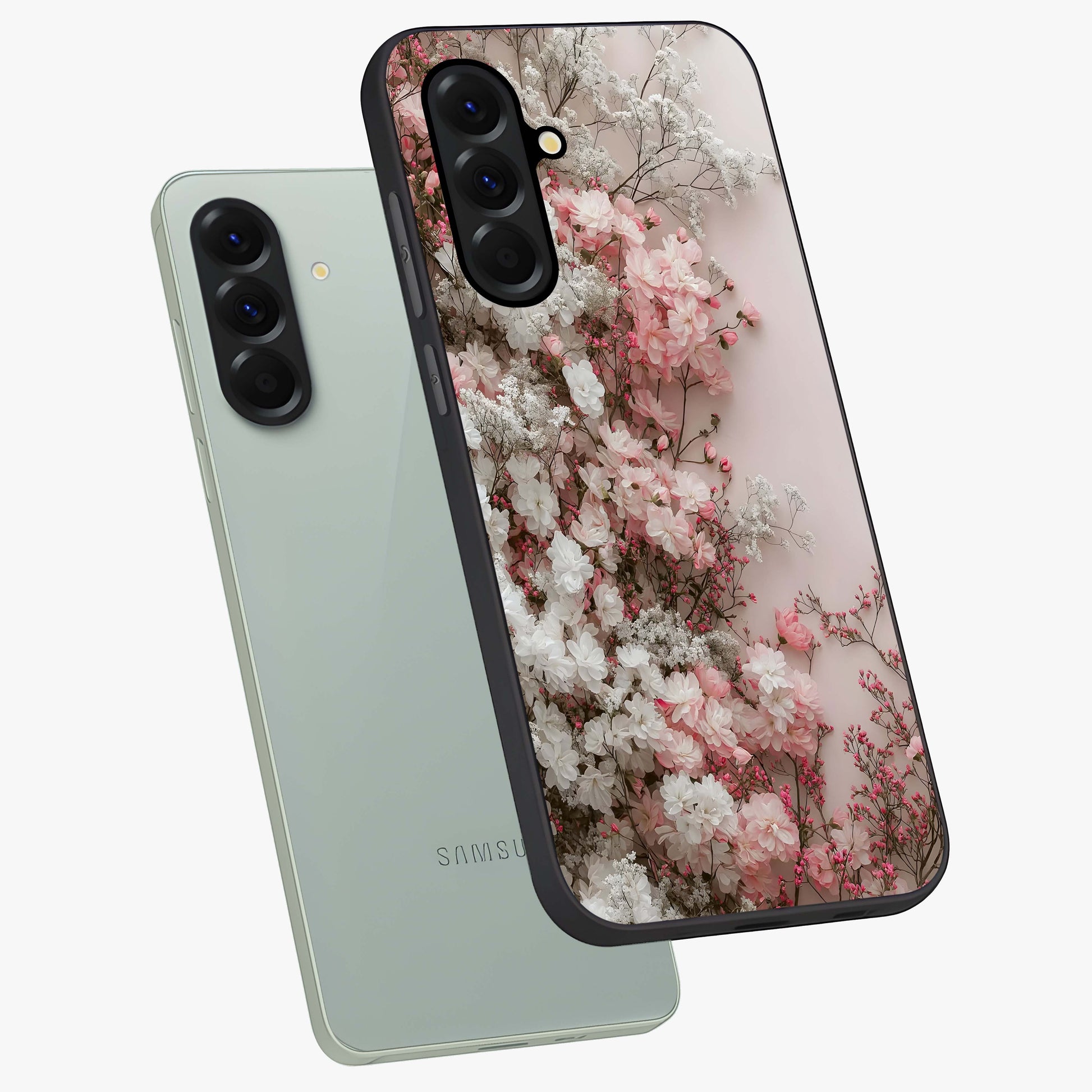 Blush Blossom Cloud Glass Case displayed in angled mockup highlighting soft cloud and blossom design with pastel aesthetic.