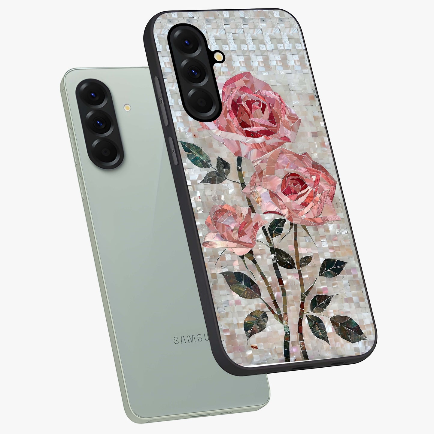 Blush Mosaic Bloom Glass Case displayed in angled mockup highlighting artistic mosaic flower pattern with aesthetic design.
