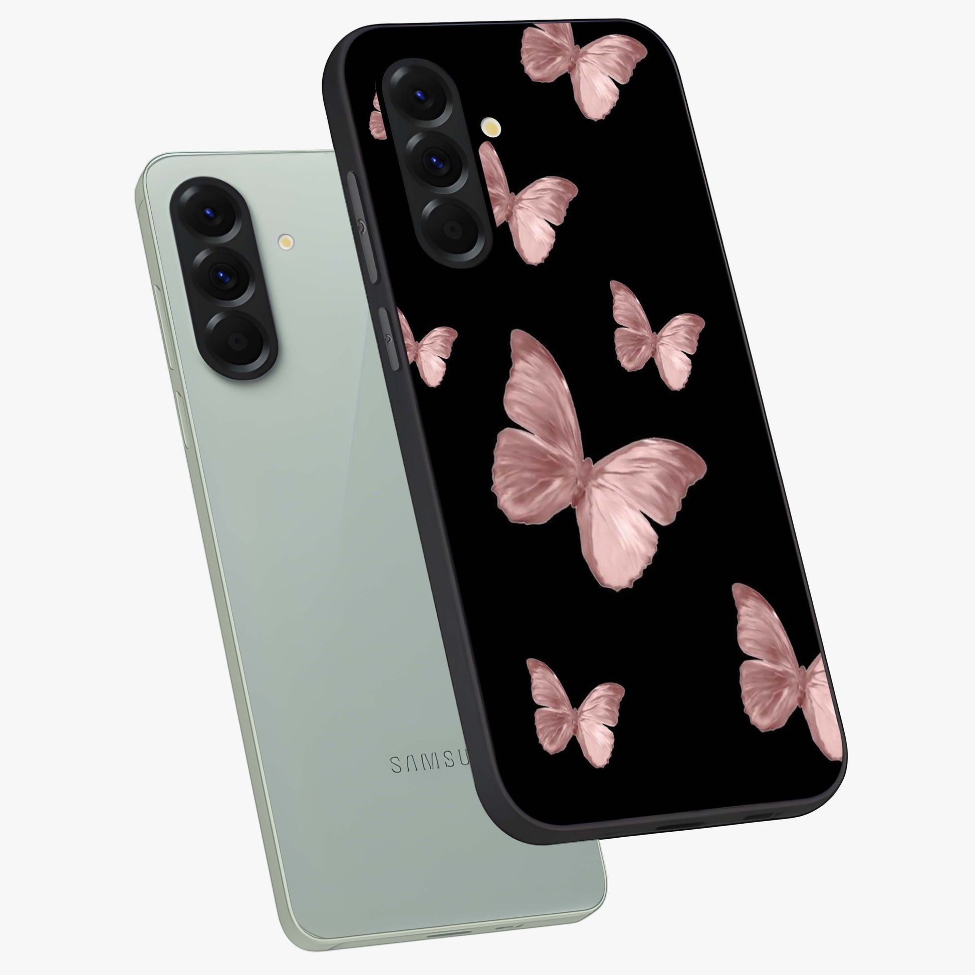 Butterfly Pattern Glass Case displayed in angled mockup highlighting delicate butterfly design and aesthetic pattern style.
