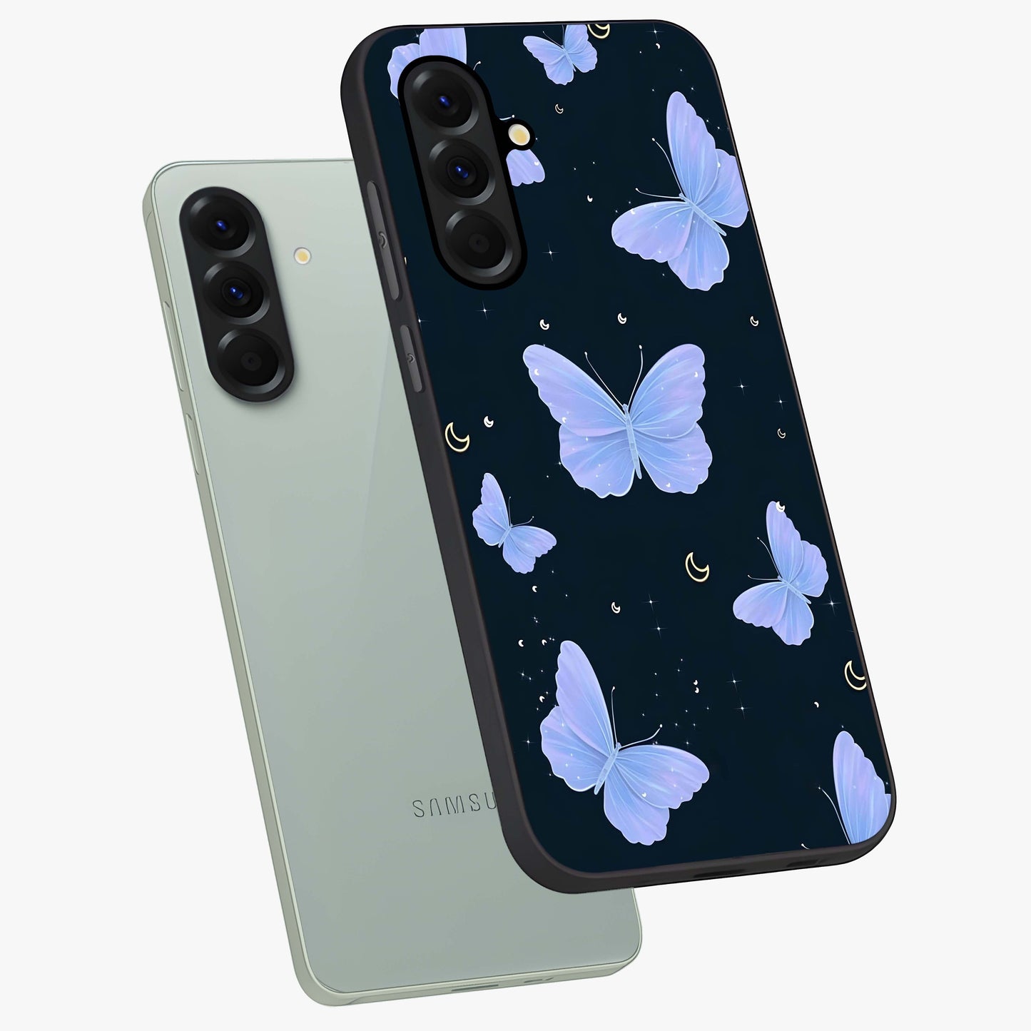 Butterfly With Stars Pattern Glass Case displayed in angled mockup highlighting dreamy butterfly and star design with aesthetic theme.