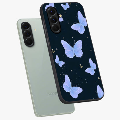 Butterfly With Stars Pattern Glass Case displayed in angled mockup highlighting dreamy butterfly and star design with aesthetic theme.