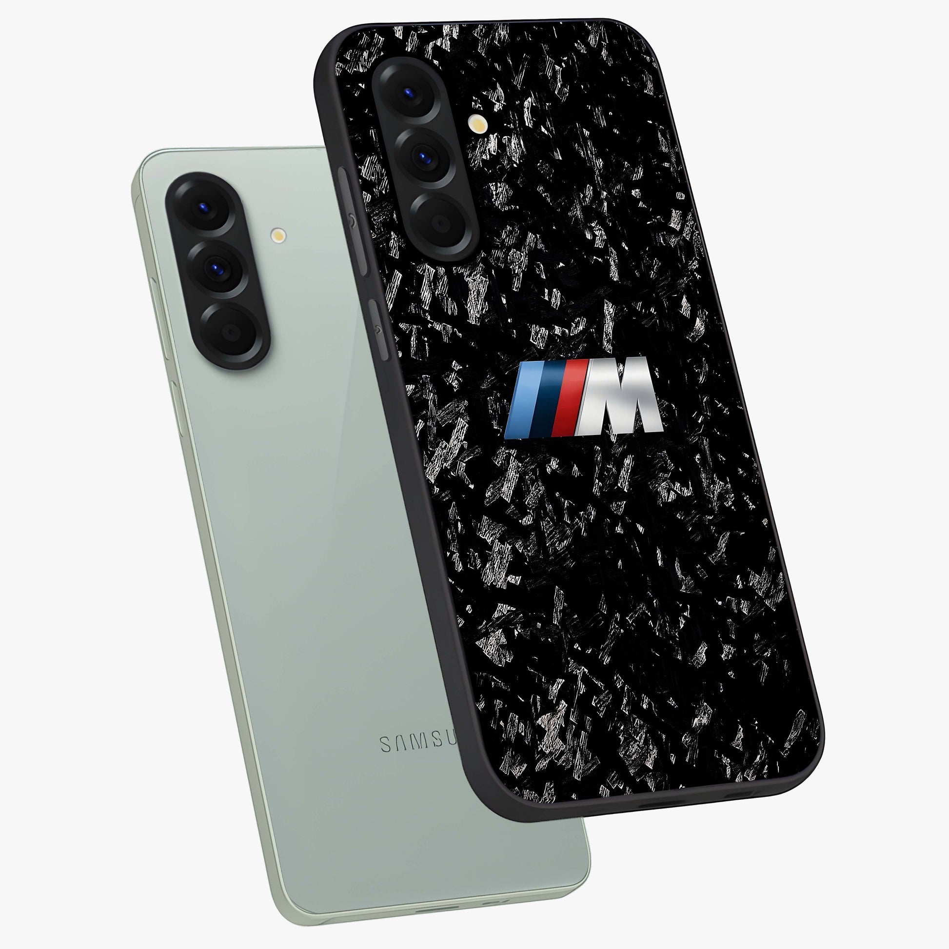 Carbon Speed Mark Glass Case displayed in angled mockup highlighting racing inspired carbon design and sleek aesthetic style.