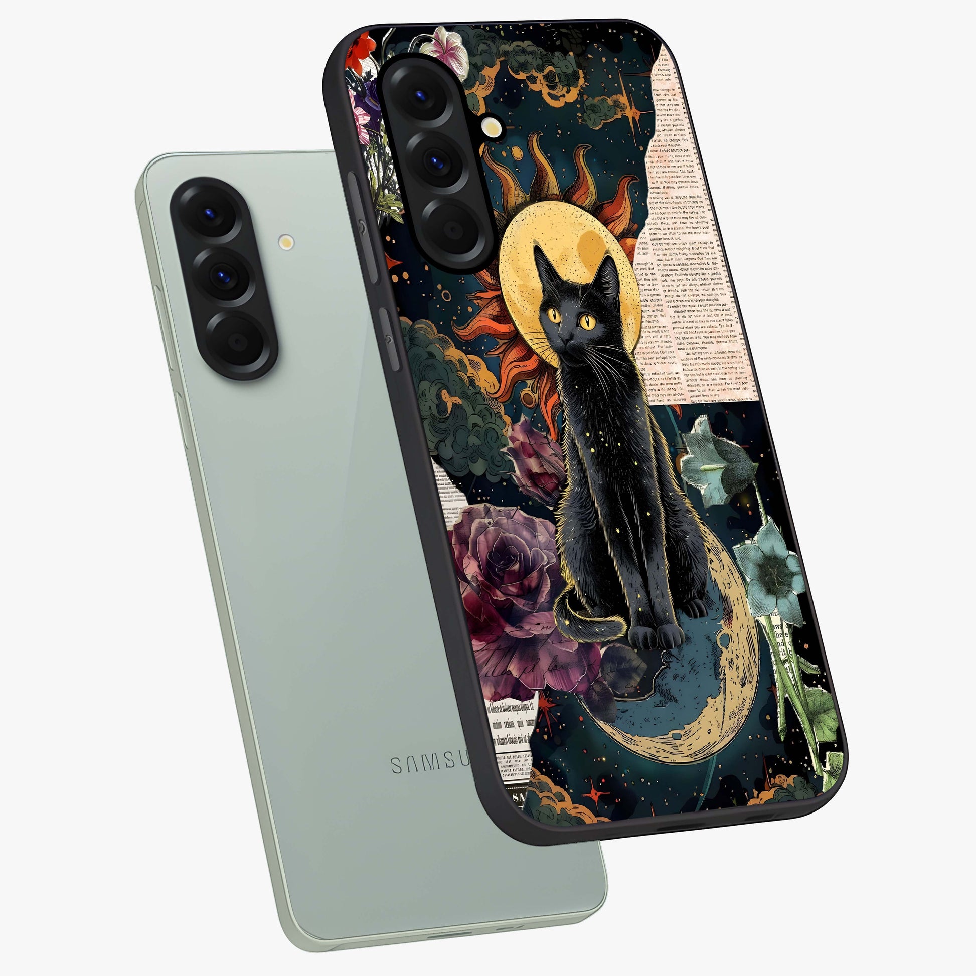 Celestial Black Cat Glass Case displayed in angled mockup highlighting cosmic black cat design with celestial aesthetic.