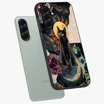 Celestial Black Cat Glass Case displayed in angled mockup highlighting cosmic black cat design with celestial aesthetic.