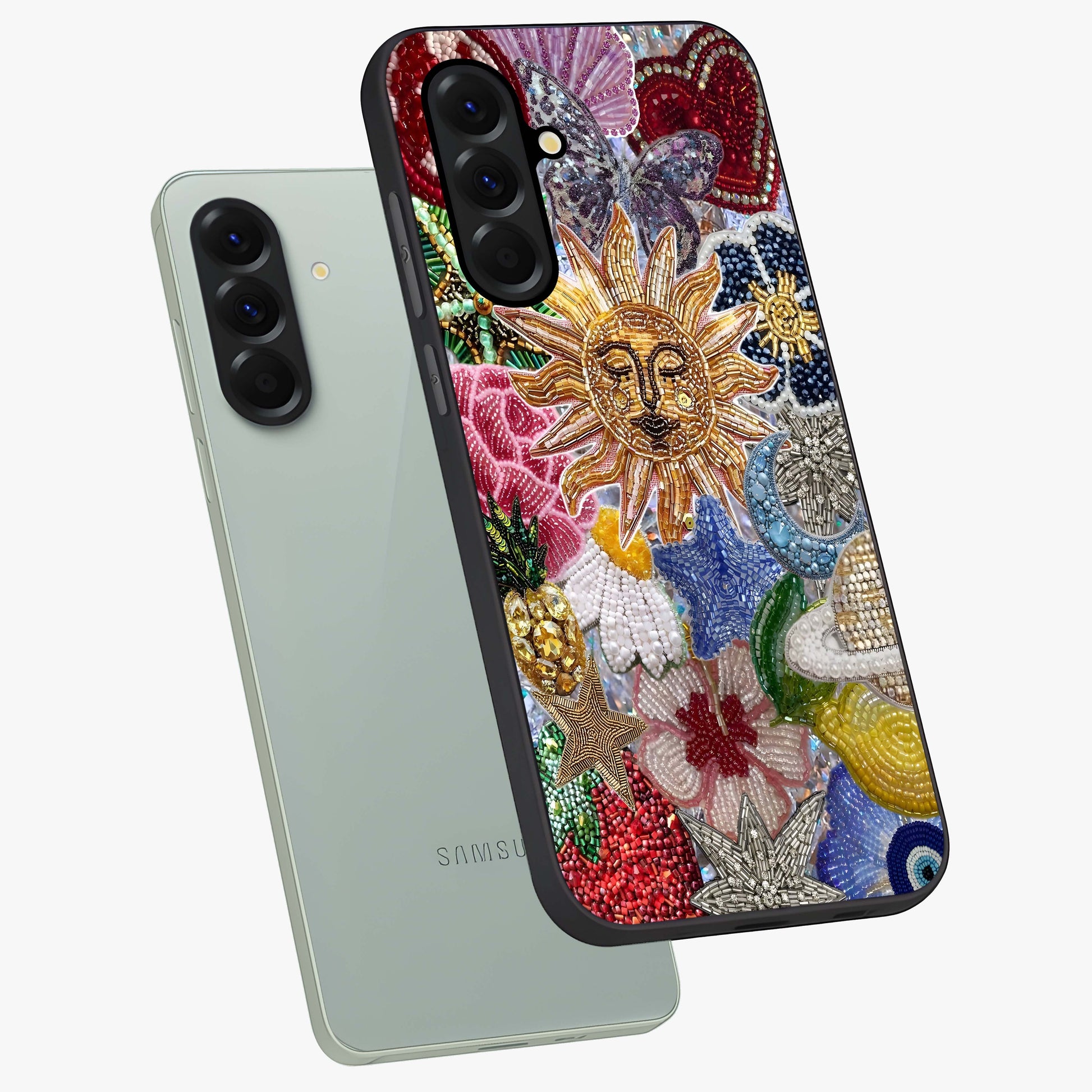 Celestial Floral and Playful Glass Case displayed in angled mockup highlighting playful floral design with dreamy celestial elements.