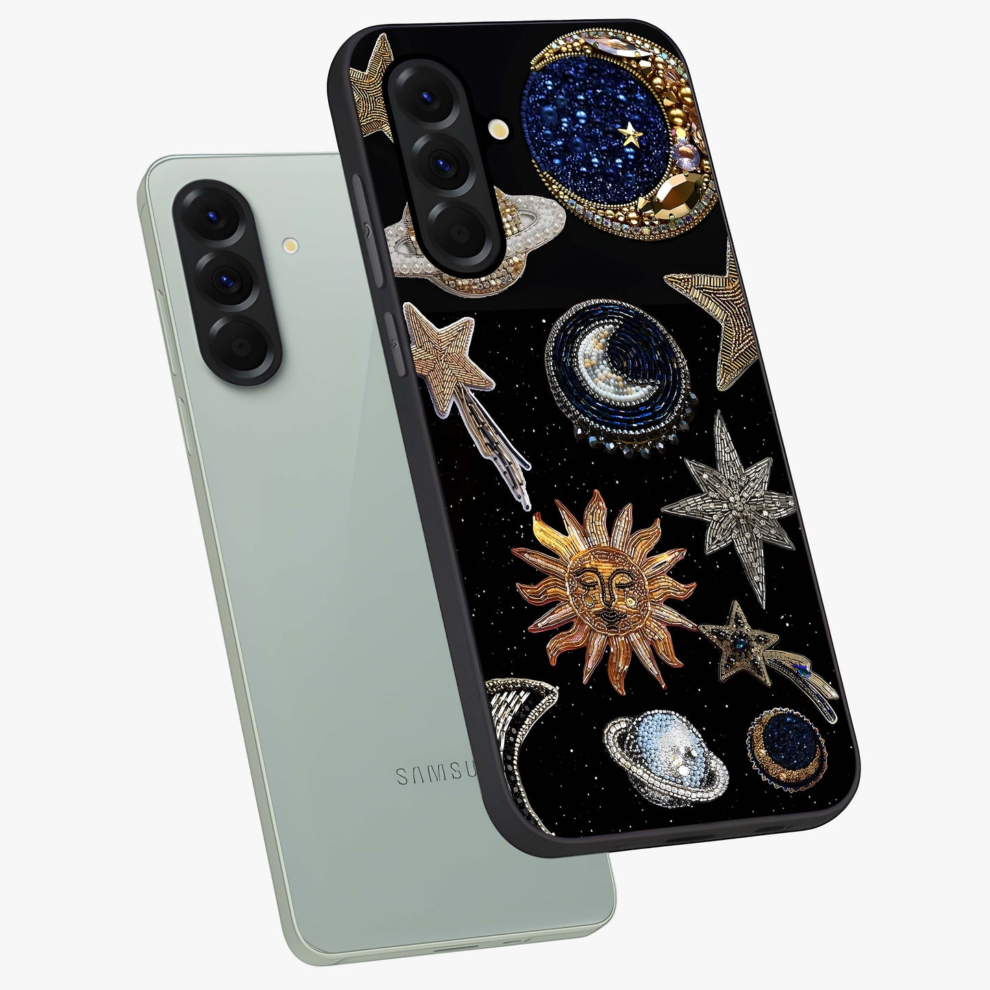 Celestial Gem Constellations Glass Case displayed in angled mockup highlighting gemstone inspired constellation design.