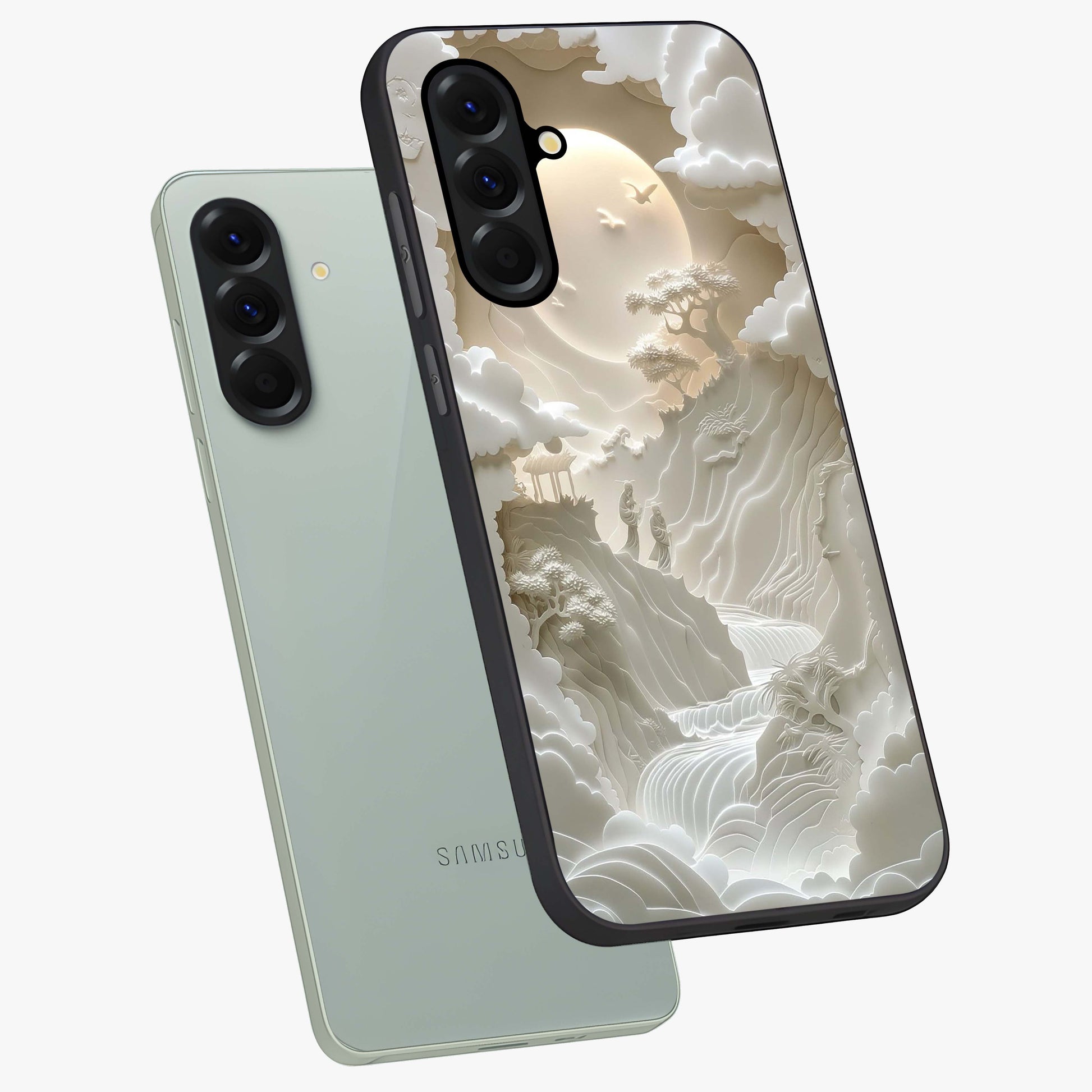 Celestial Origami Glass Case displayed in angled mockup highlighting geometric origami design with cosmic aesthetic theme.
