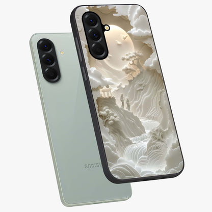 Celestial Origami Glass Case displayed in angled mockup highlighting geometric origami design with cosmic aesthetic theme.