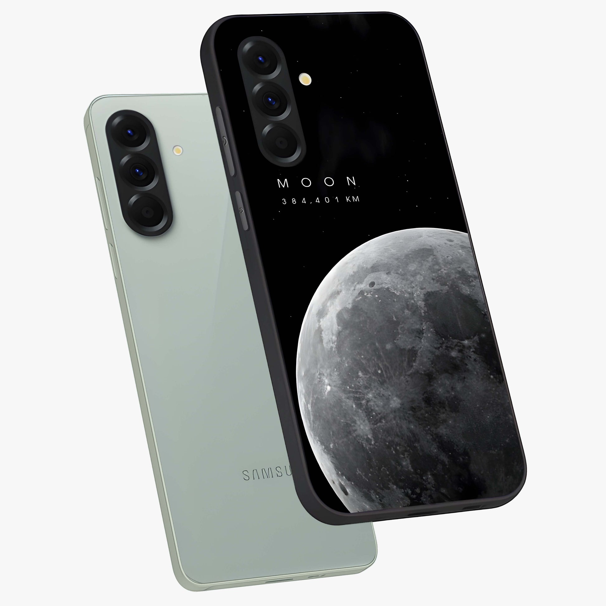 Cosmic Moon Glow Glass Case displayed in angled mockup highlighting celestial moon design with cosmic aesthetic theme.