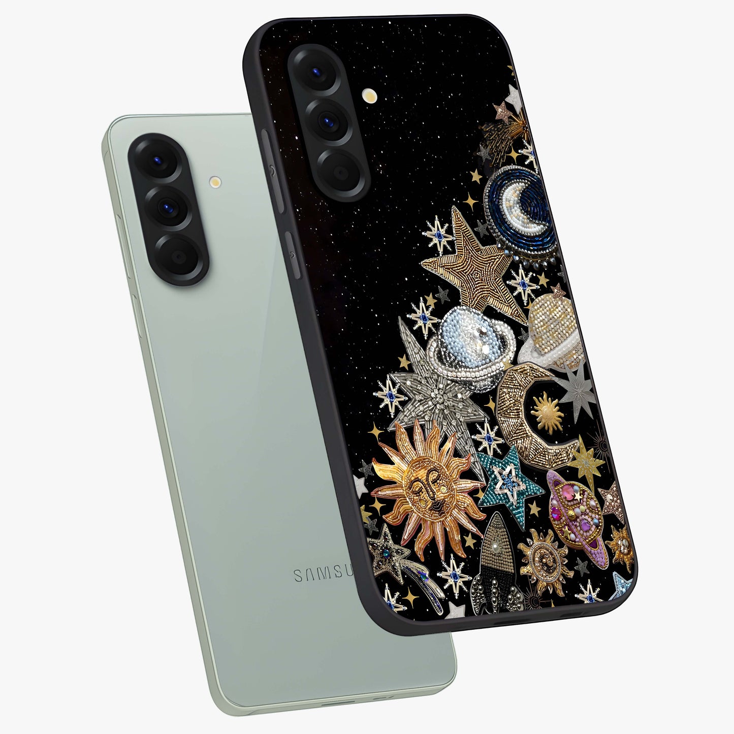 Cosmic Sparkle Dreams Glass Case displayed in angled mockup highlighting dreamy star sparkle design with celestial aesthetic.