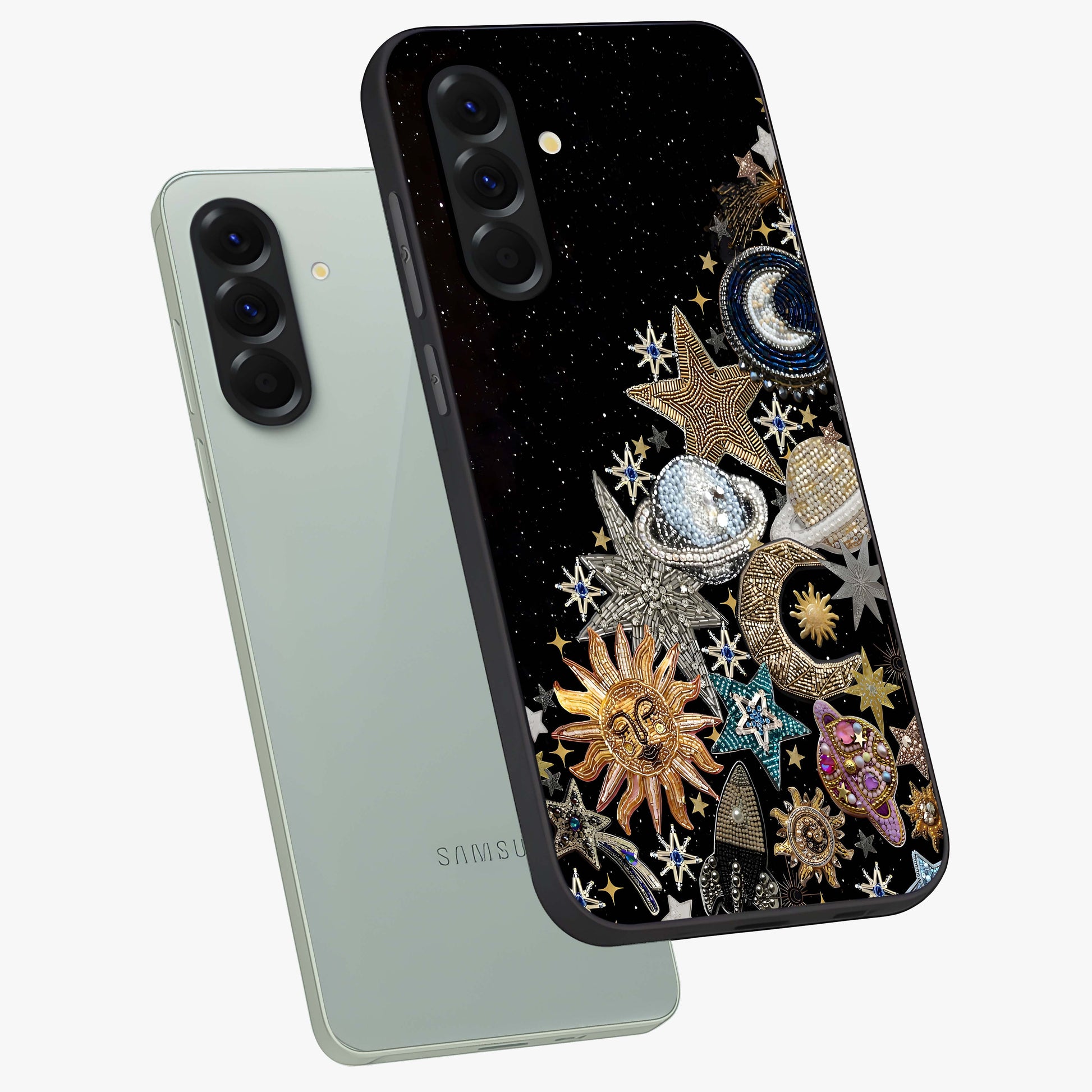 Cosmic Sparkle Dreams Glass Case displayed in angled mockup highlighting dreamy star sparkle design with celestial aesthetic.