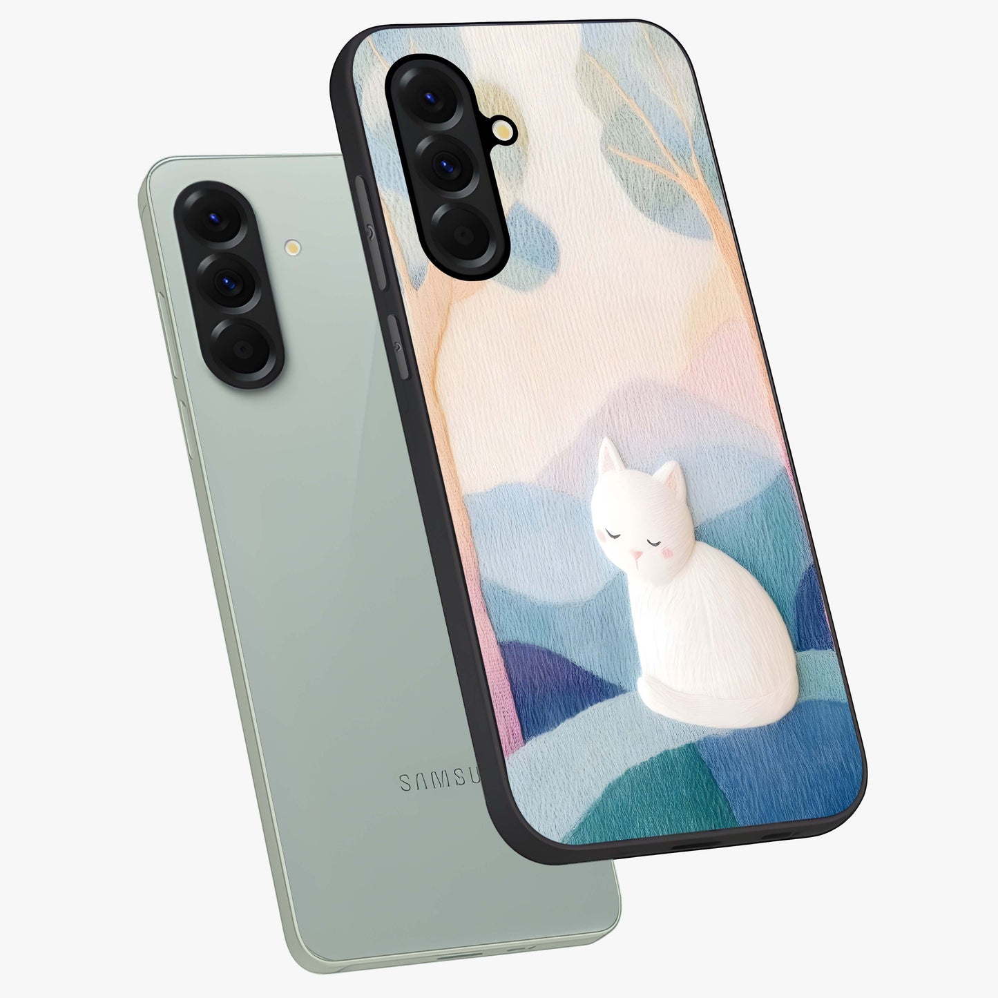 Cotton Dream Cat Glass Case displayed in angled mockup highlighting cute feline illustration with pastel aesthetic style.
