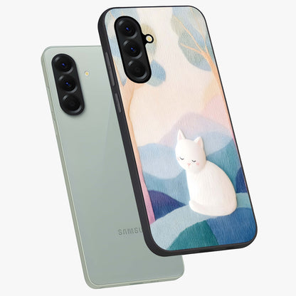 Cotton Dream Cat Glass Case displayed in angled mockup highlighting cute feline illustration with pastel aesthetic style.