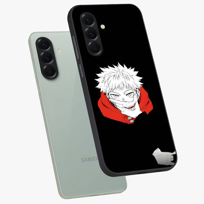 Crimson Chaos Smile Glass Case displayed in angled mockup highlighting edgy crimson smile design with graphic aesthetic.