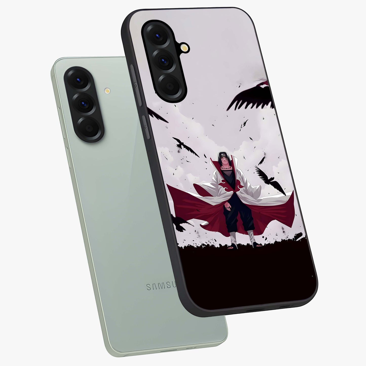 Crimson Crow Ascension Glass Case displayed in angled mockup highlighting powerful crow illustration with dark crimson aesthetic.