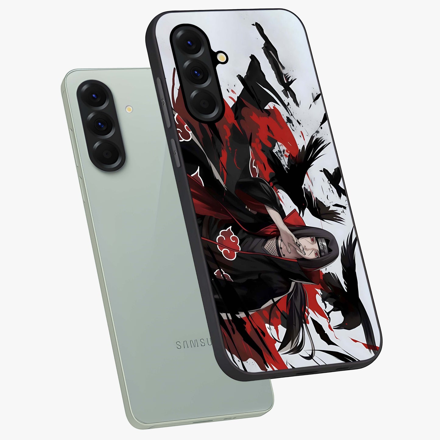 Crimson Crow Illusion Glass Case displayed in angled mockup highlighting mysterious crow graphic with dark aesthetic style.