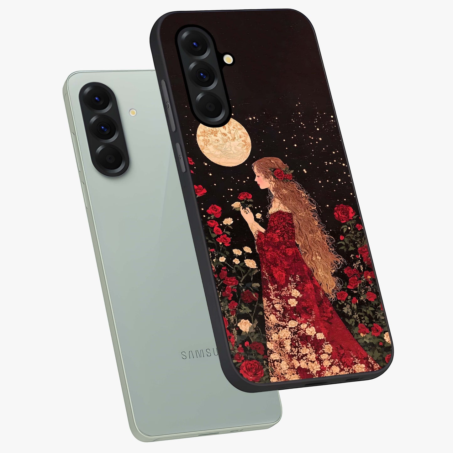 Crimson Dreams Glass Case displayed in angled mockup highlighting soft crimson aesthetic design with artistic theme.