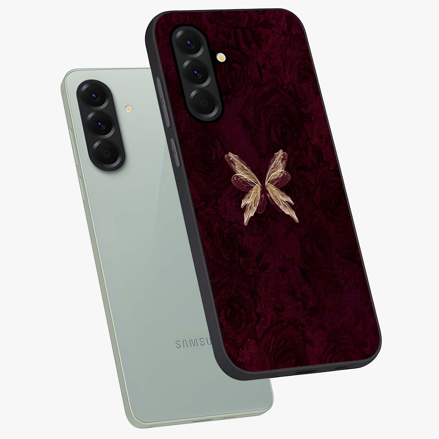 Crimson Fade Butterfly Glass Case displayed in angled mockup highlighting elegant butterfly design with crimson gradient aesthetic.