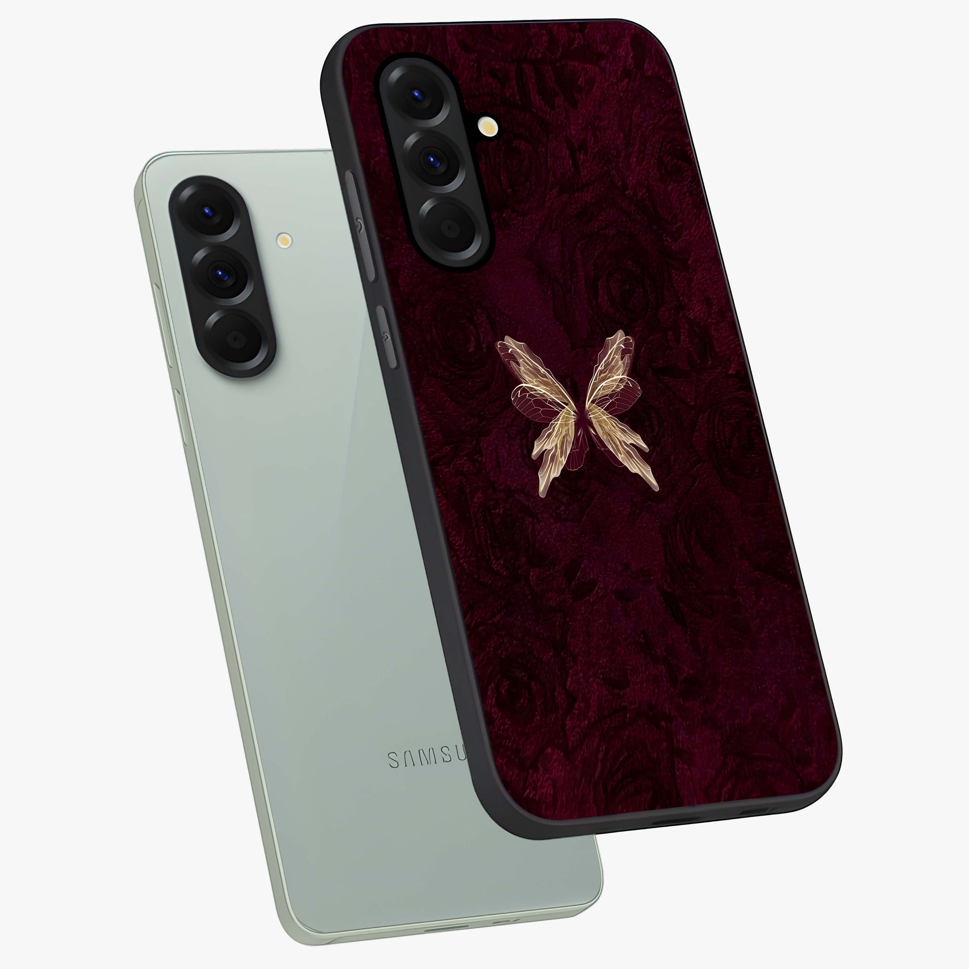 Crimson Fade Butterfly Glass Case displayed in angled mockup highlighting elegant butterfly design with crimson gradient aesthetic.