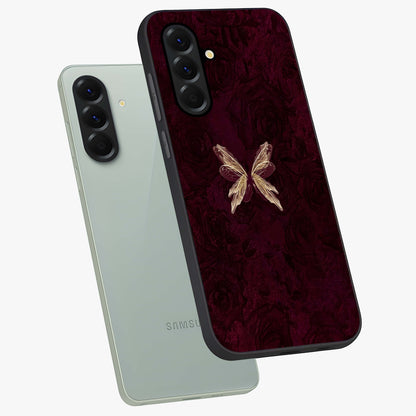 Crimson Fade Butterfly Glass Case displayed in angled mockup highlighting elegant butterfly design with crimson gradient aesthetic.