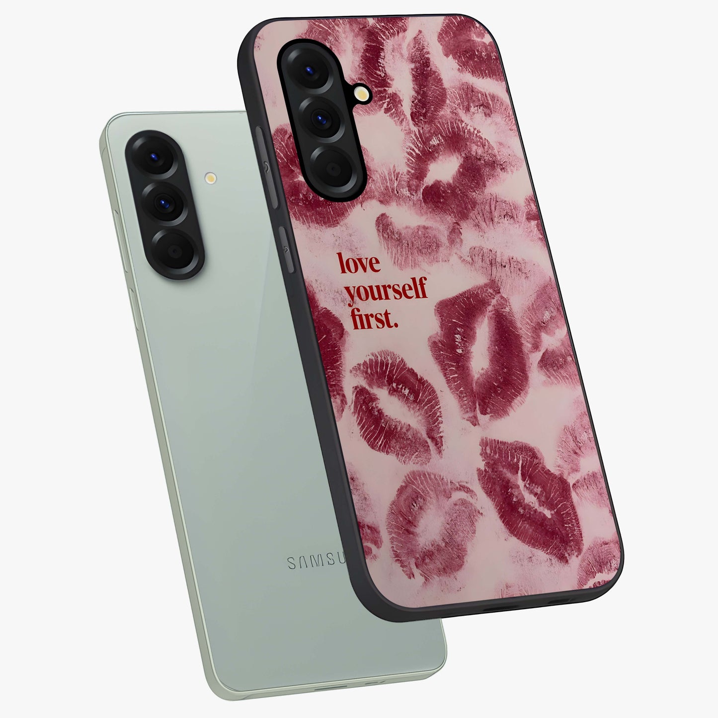 Crimson Kiss Love Glass Case displayed in angled mockup highlighting bold love inspired design with modern aesthetic style.