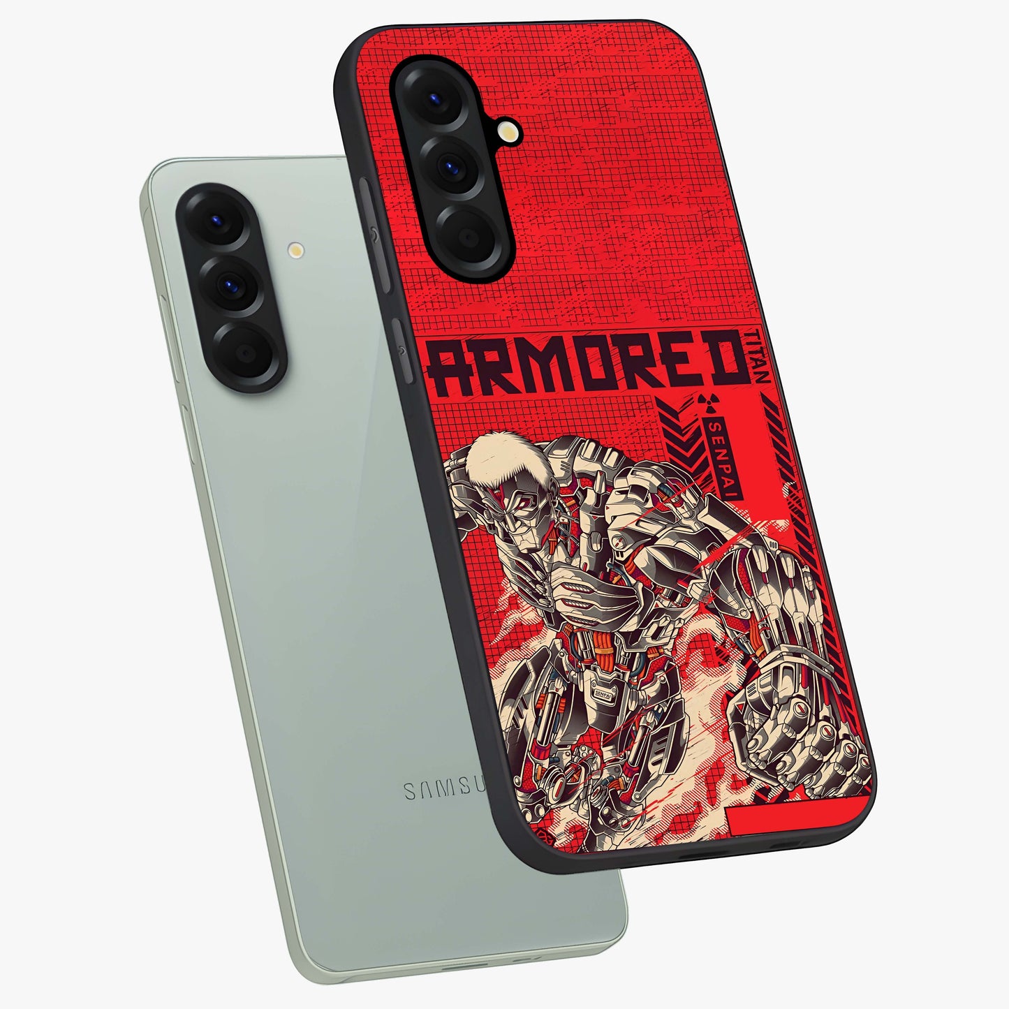 Crimson Mecha Titan Glass Case displayed in angled mockup highlighting futuristic mech illustration with bold crimson aesthetic.