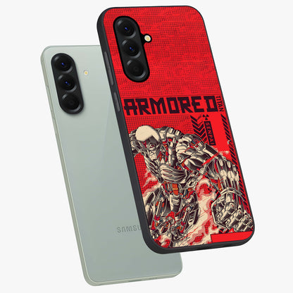 Crimson Mecha Titan Glass Case displayed in angled mockup highlighting futuristic mech illustration with bold crimson aesthetic.